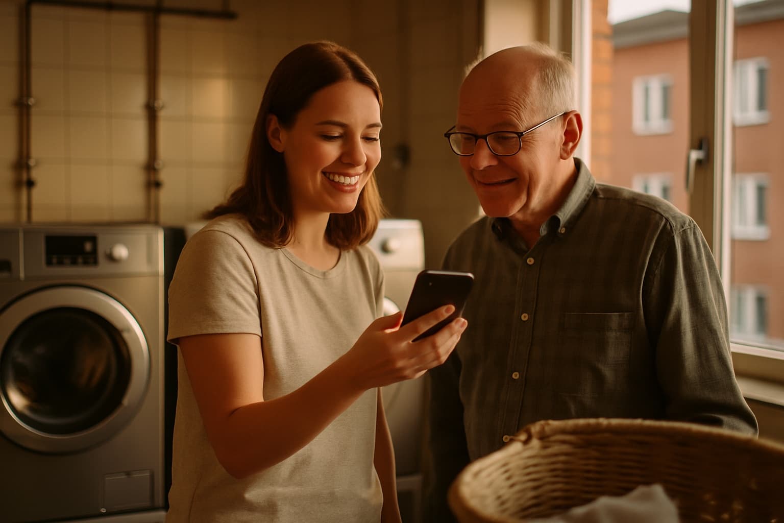 Två grannar i tvättstugan tittar på en bokning i mobilen.