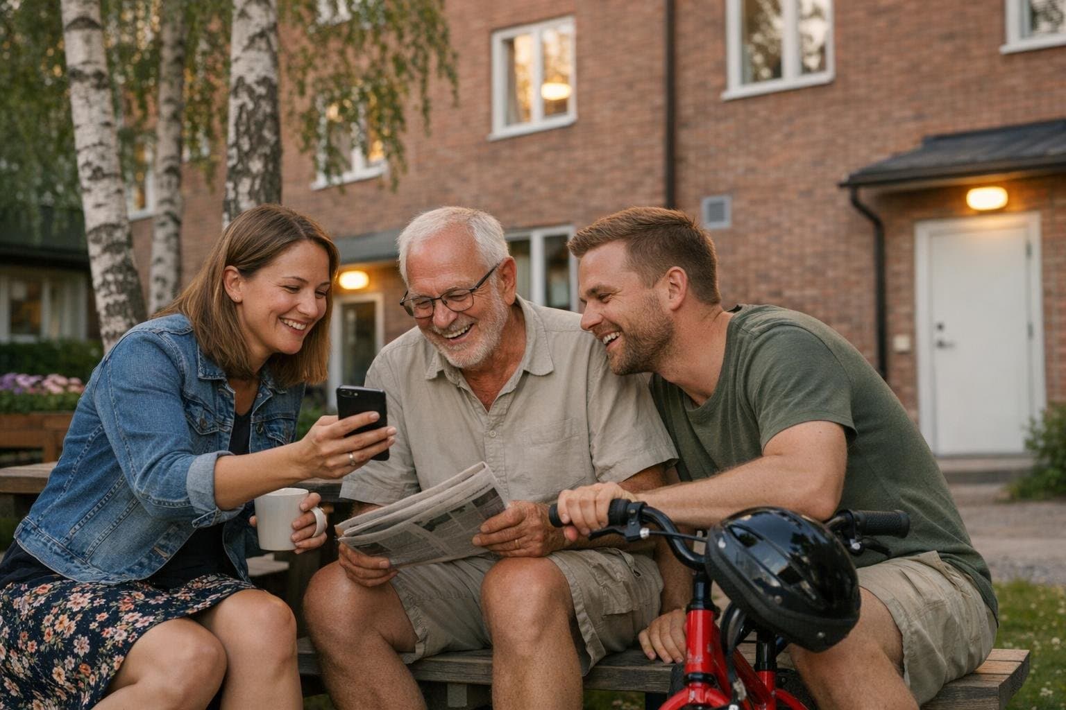 Grannar som skrattar åt något i mobilen på innergården.