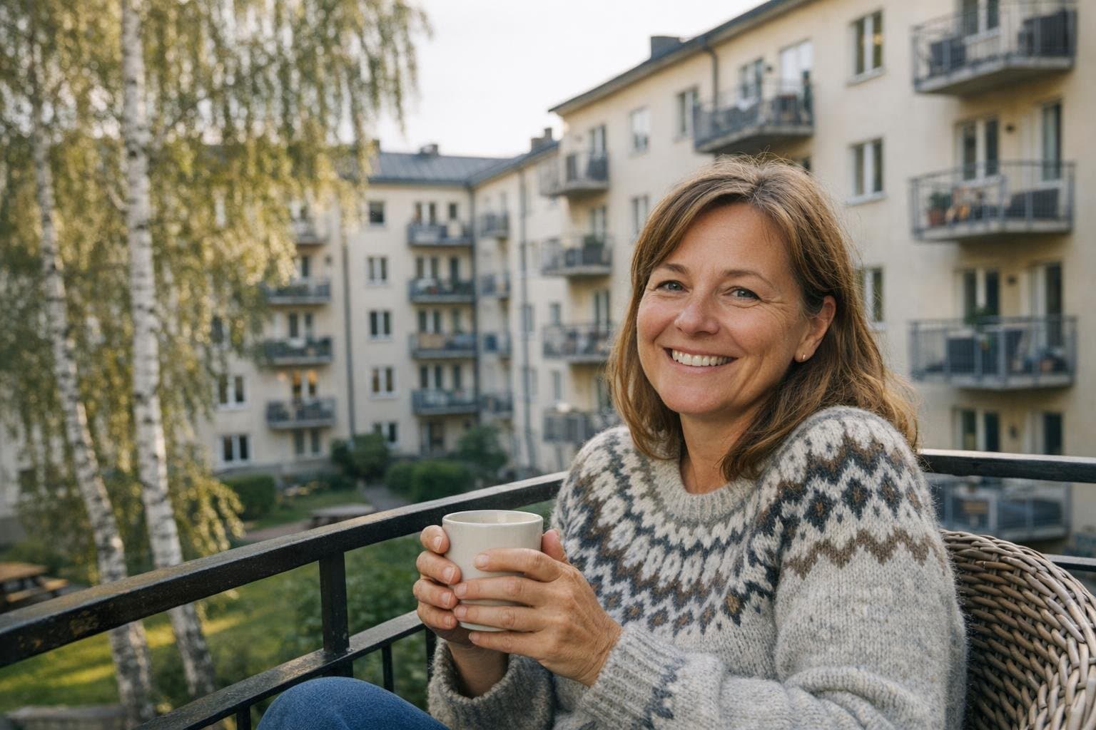 En boende som fikar på balkongen med föreningens innergård i bakgrunden.