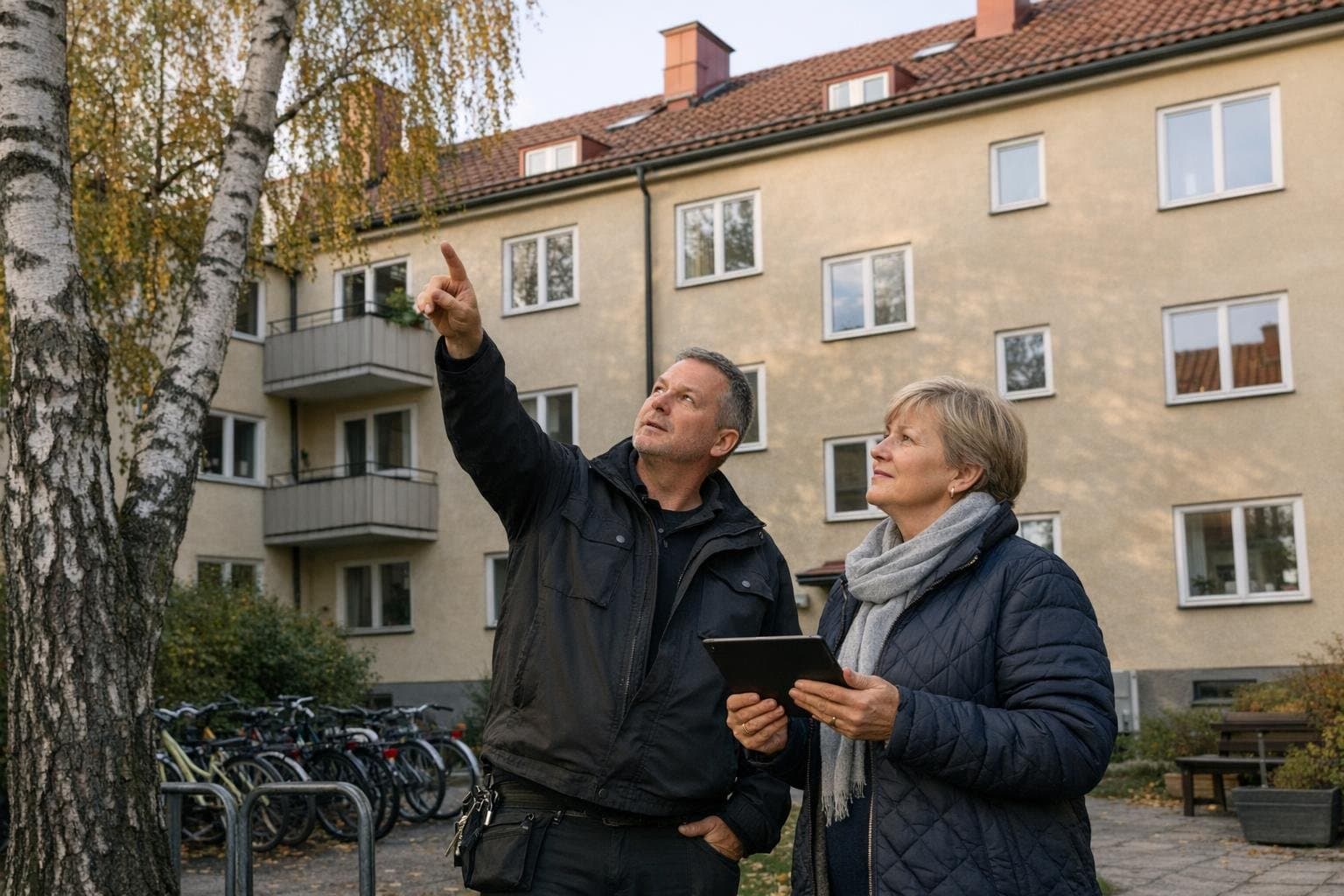 En fastighetstekniker och en styrelseledamot tittar på fasaden från föreningens innergård.